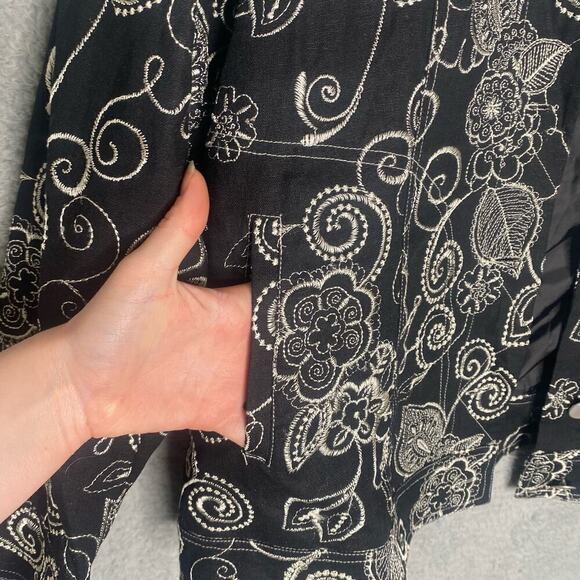 Susan Graver style embroidered linen blend blazer jacket black button FLAWED L - Picture 7 of 7